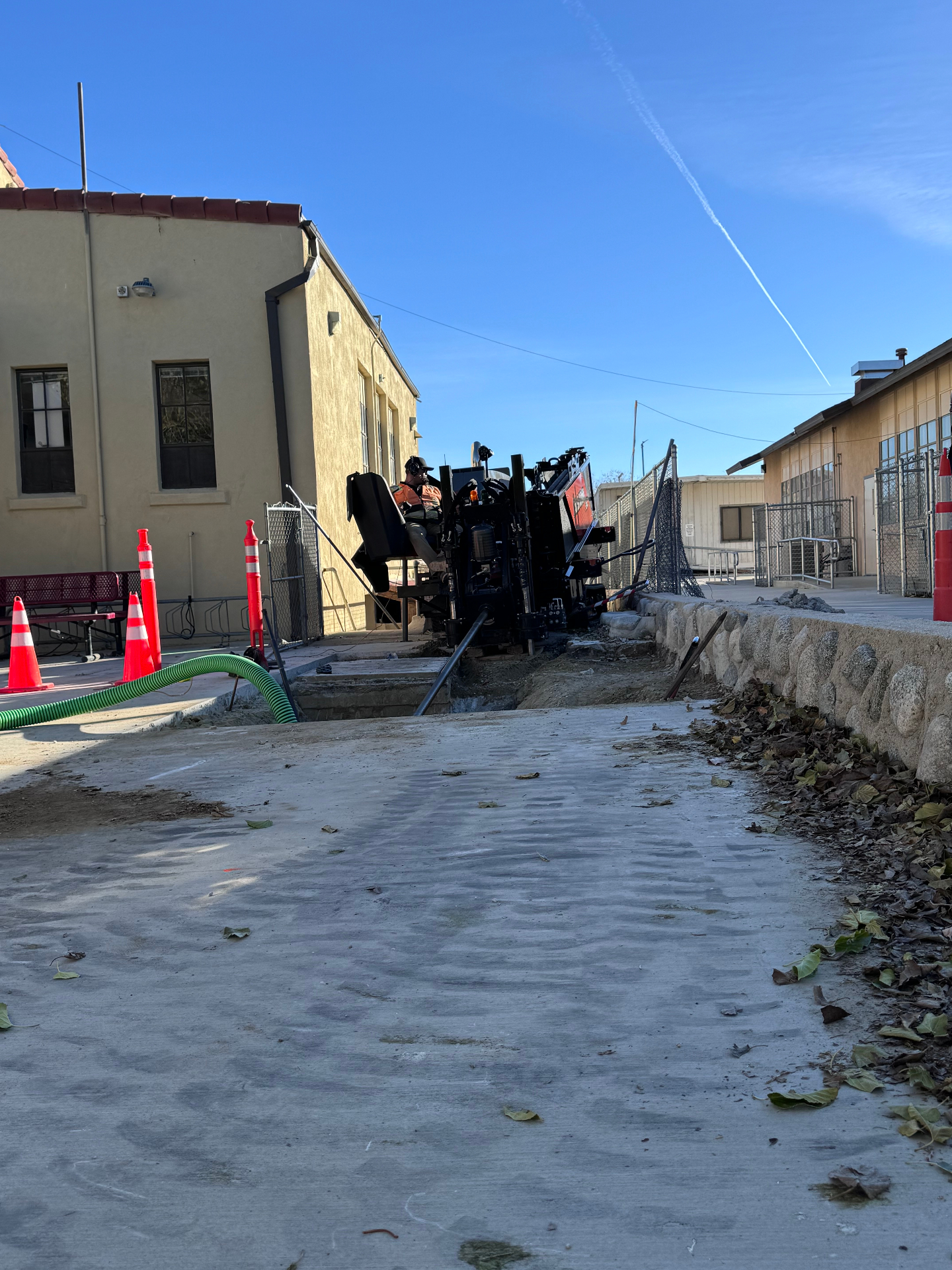 Precision bore setup on a historic facility walkway