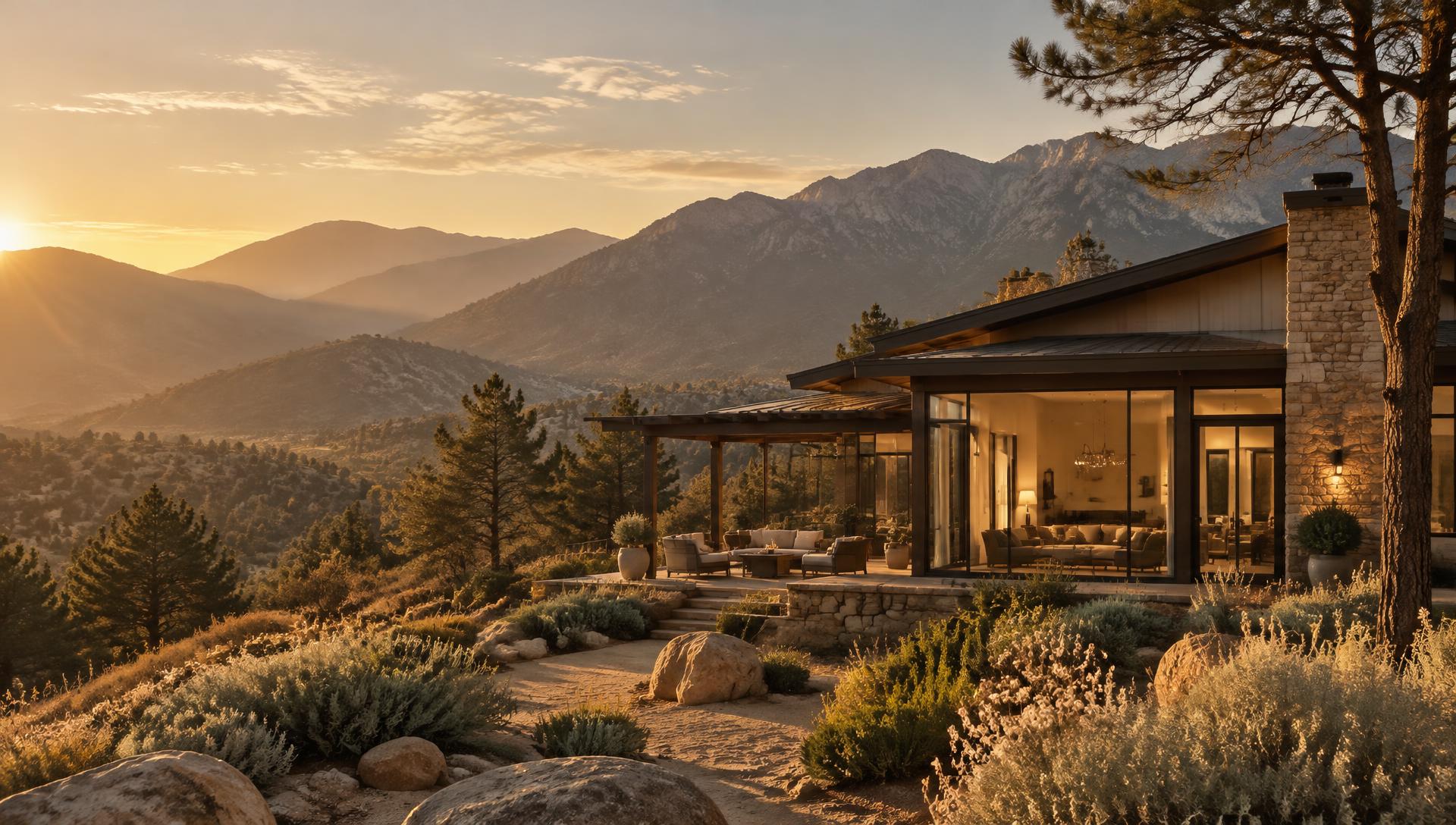 Golden hour over a mountain home in Southern California